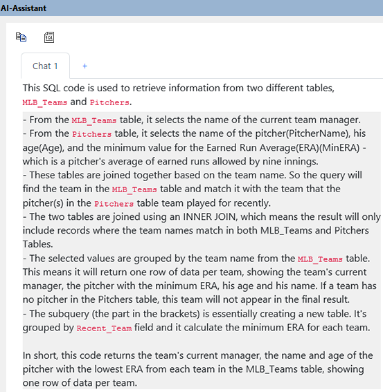 Using ChatGPT in DatabaseSpy to explain a SQL query