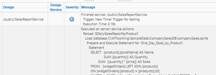 MobileTogether log for service test execution