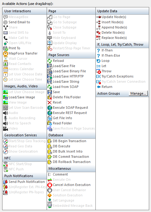 Actions available to MobileTogether Server services