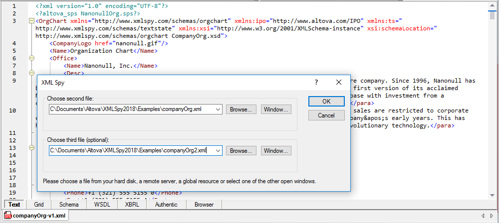 Choosing files for a three-way file comparison in XMLSpy