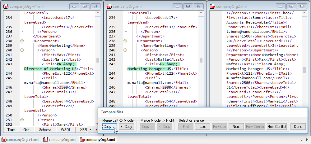 Difference merging during three-way file comparison in XMLSpy