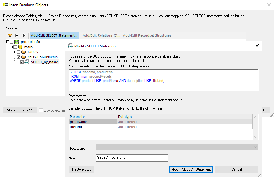 Creating a SELECT query with parameters to extract a BLOB