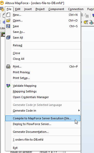 Data mapping projects file menu