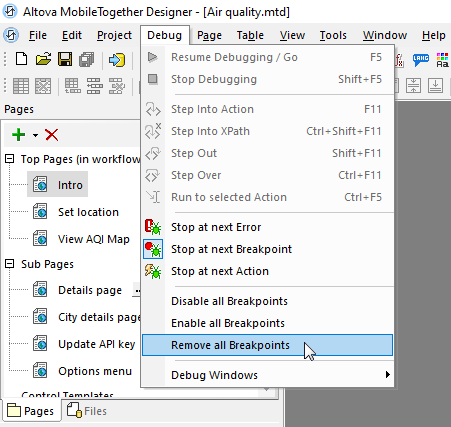 Options on the main debugging menu