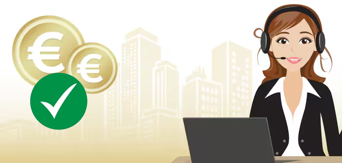 Cartoon woman working at a laptop. In the background are euro symbols and a check mark.