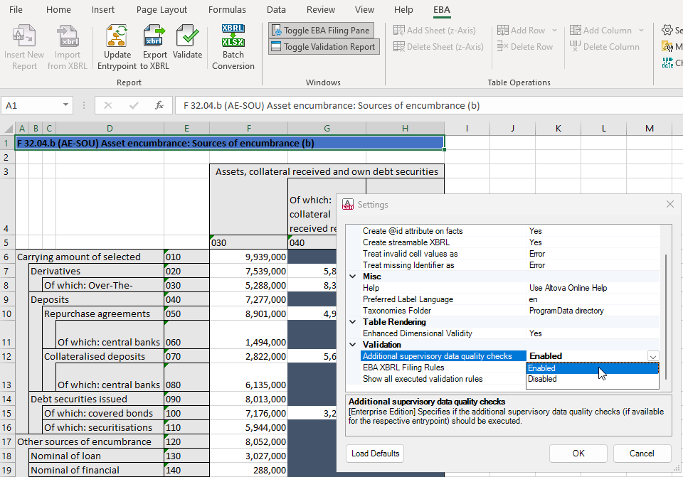 EBA XBRL add in for Excel: data quality checks