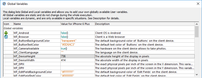 Global Variables window in the MobileTogether Designer