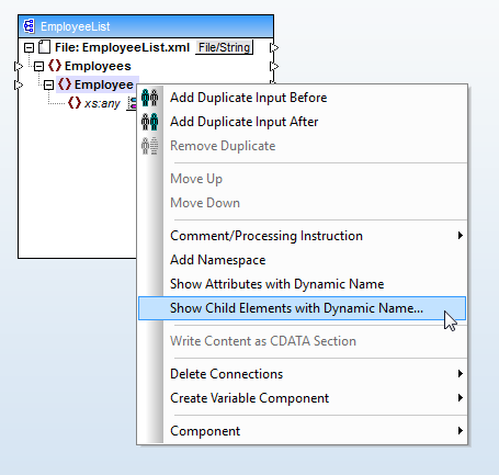 MapForce context menu to select Dynamic Accessic