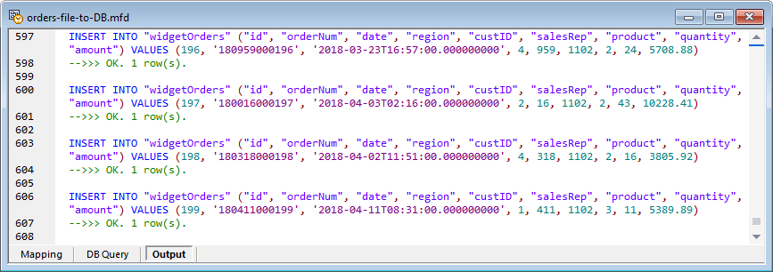 SQL script execution result example for data mapping projects