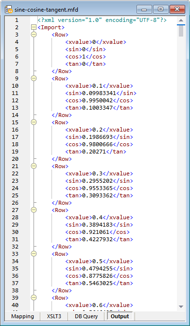 Output XML file containing sine, cosine, and tangent values