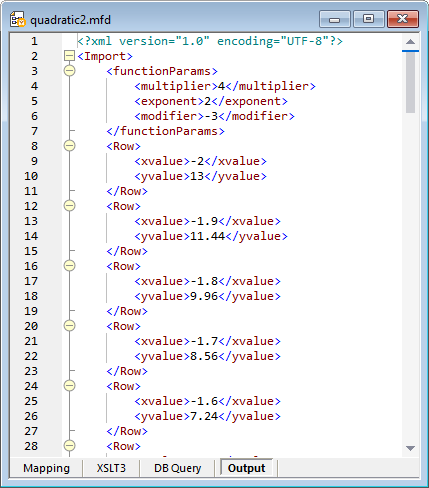 A partial view of the data mapping with XSLT3 for the quadratic expression