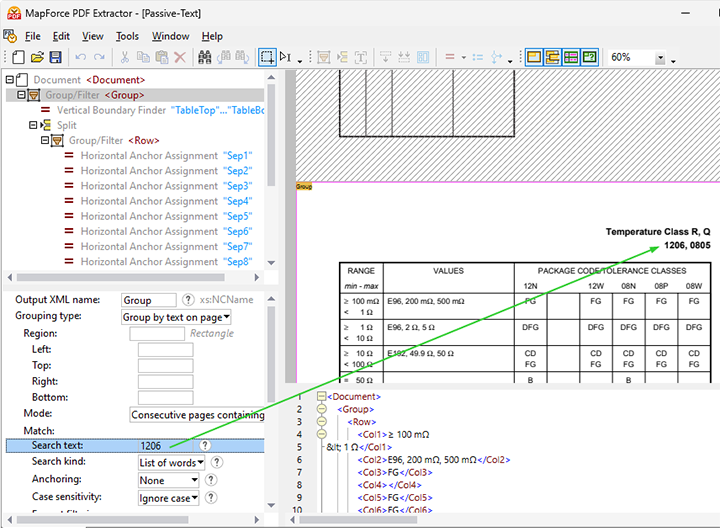 Text search in MapForce PDF Extractor