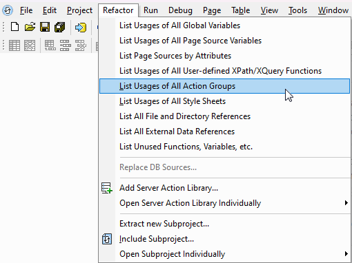 The MobileTogether Designer Refactor menu options for refactoring mobile apps