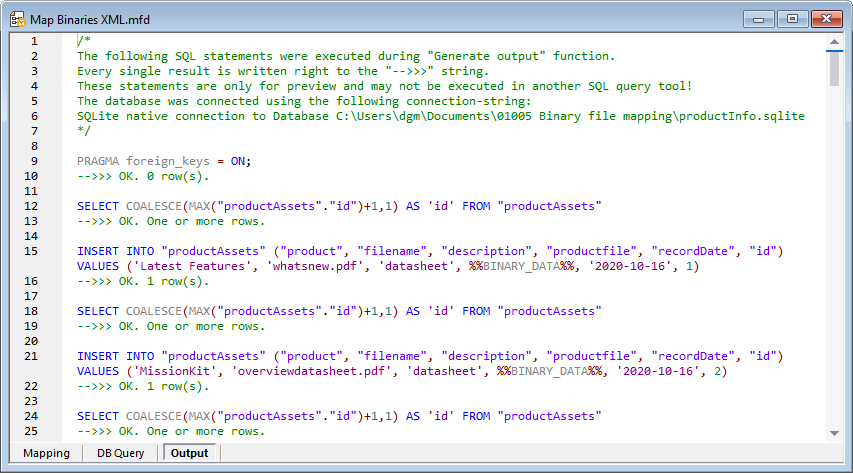 SQL script result after successfully  data mapping binary objects