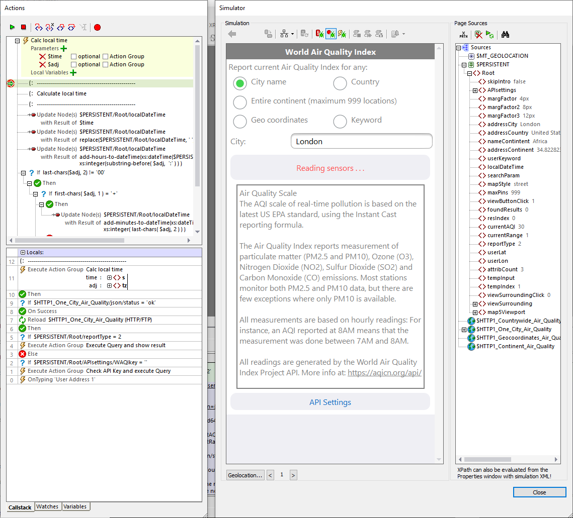 Debugging view when execution pauses at the breakpoint